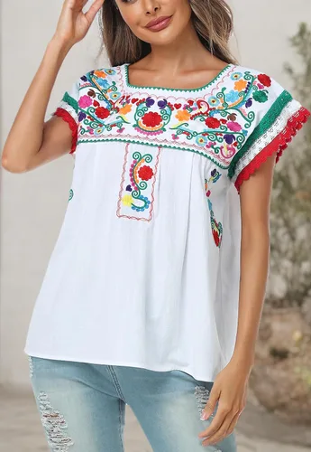 Vista 8 de YZXDORWJ Blusa tradicional colorida con encaje bordado mexicano para mujer, camiseta tricolor para el día de la independencia mexicana