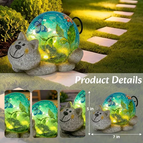 Vista 2 de Afirst Estatuas solares de jardín para exteriores, adorno de césped de gato con luces solares de vidrio agrietado, decoración al aire libre