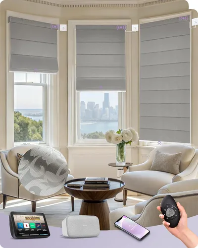 Vista 35 de Graywind Persianas romanas inteligentes compatibles con Alexa Google, persianas motorizadas recargables con control remoto de filtrado de luz