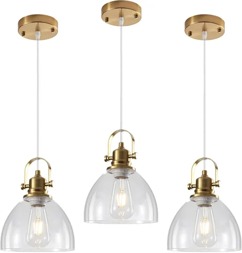 Vista 15 de Luces Colgantes de Vidrio para Isla de Cocina, 7.5 pulgadas Luces Colgantes de Vidrio Dorado 1-Paquete, Lámpara Colgante Moderna con Pantalla