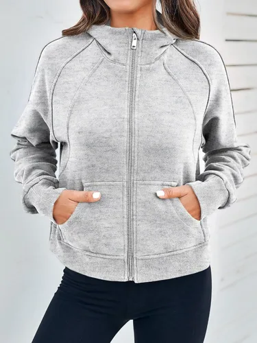 Vista 5 de Fisoew Sudaderas con cremallera para mujer, cuello de vellón, con capucha, casual, de algodón, manga larga, con agujero para el pulgar
