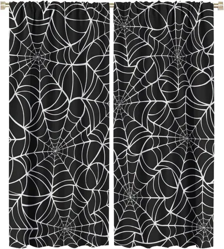 Vista 88 de Cortinas opacas de tela de araña aterradora para niños, tela de araña en blanco y negro, fondo rojo, dormitorio de niños, guardería, decoración