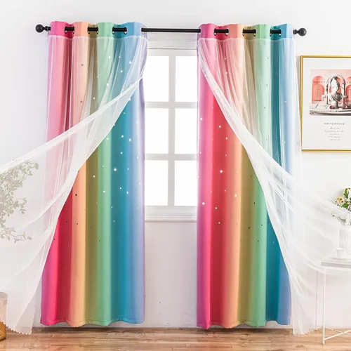 Vista 11 de Stiio Cortinas con Recortes de Estrella para Dormitorio de Niñas, 2 Paneles, Cortinas Opacas 2 en 1 que Bloquean la Luz con Cortinas de Ventana