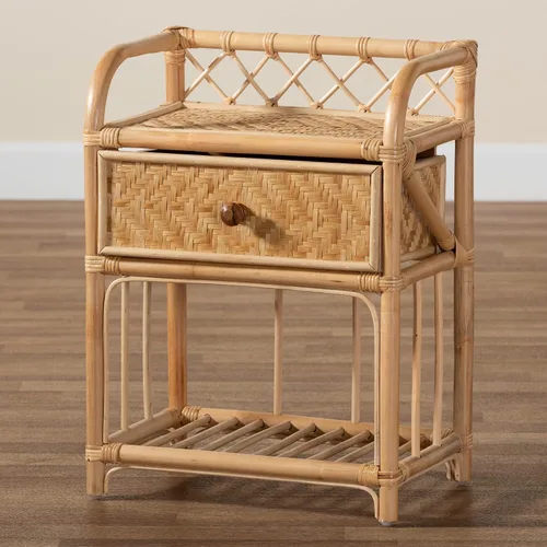 Vista 10 de bali & pari Kobie - Mesita de noche moderna de ratán natural bohemio con 1 cajón