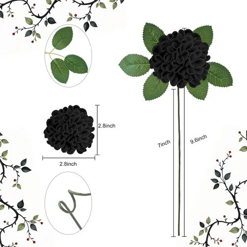 Vista 3 de Flores artificiales, 25 piezas, rosas artificiales realistas para ramos de novia, centros de mesa, arreglos, flores de Dalia negras con tallo