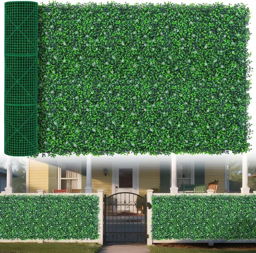 Vista 11 de Yangrass Rollo de Paneles de Pared de Césped, 40"x120" (33.33 pies cuadrados) Hiedra Artificial con Flor Blanca, Paneles Verdes de Pared de Césped
