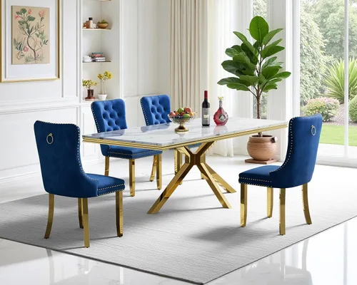 Vista 18 de Juego de mesa de comedor de mármol para 6, mesa de cocina rectangular de mármol blanco de 68 pulgadas con patas en X de acero inoxidable dorado