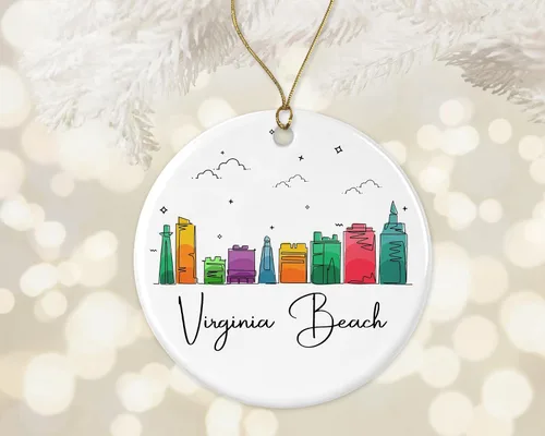Vista 2 de Adorno de Virginia Beach City, adorno de Navidad de Virginia Beach, adorno de Navidad de puntos de interés, gráfico colorido de la ciudad, regalos