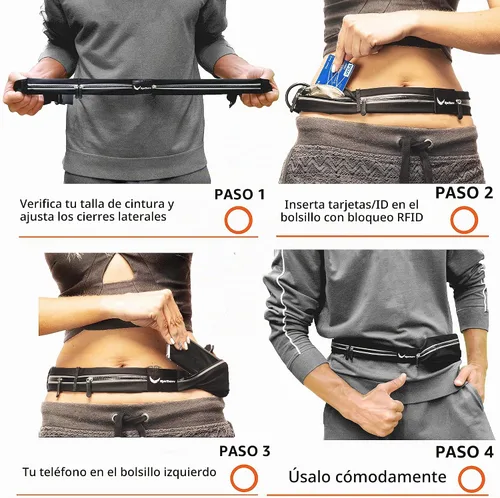Vista 7 de Riñonera definitiva de corredores de 3 bolsillos con funda RFID, se adapta a iPhone y Android, sin rebote, resistente al agua, cinturón de correr
