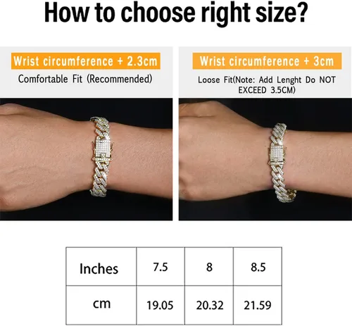 Vista 5 de Pulsera de eslabones cubanos de 0.394 pulgadas y 0.472 pulgadas para hombres y mujeres, chapado en platino de 14 quilates, pulseras de hip hop