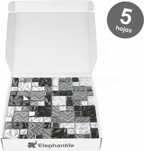 Vista 4 de Azulejos de vidrio blanco y negro para cocina, baño, pared, salpicadero, mosaico, patrón de Versalles [Juego de 5] Negro/Blanco