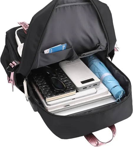 Vista 8 de Jotolan Mochila escolar impermeable para niñas adolescentes, bolsa de viaje con puerto de carga USB para estudiantes, Negro