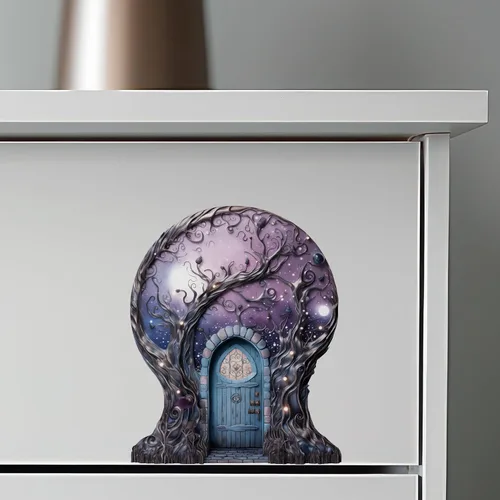 Vista 6 de Cielo de nebulosa estrellada con decoración de luna de casa de árbol, calcomanía de pared para puerta de hadas