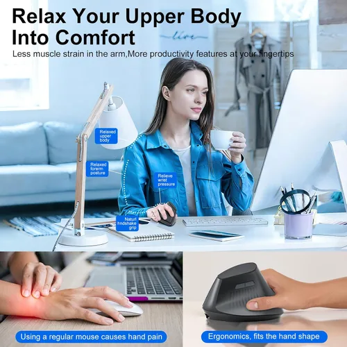 Vista 4 de Ratón ergonómico Bluetooth, mouse vertical inalámbrico recargable para túnel carpiano con conexión USBC y BT 5.0/3.0 y 2.4G, silencioso, fácil
