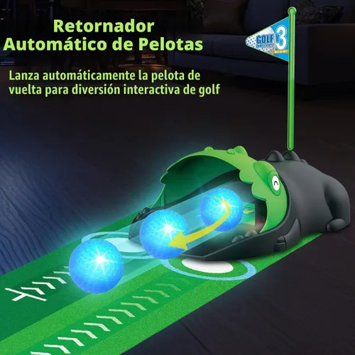 Vista 2 de TERRAMUS Juego de golf 3 en 1 para niños con devuelvedor automático de dinosaurio, tablero de Cornhole de golf, bolas con luz LED, alfombra de putt