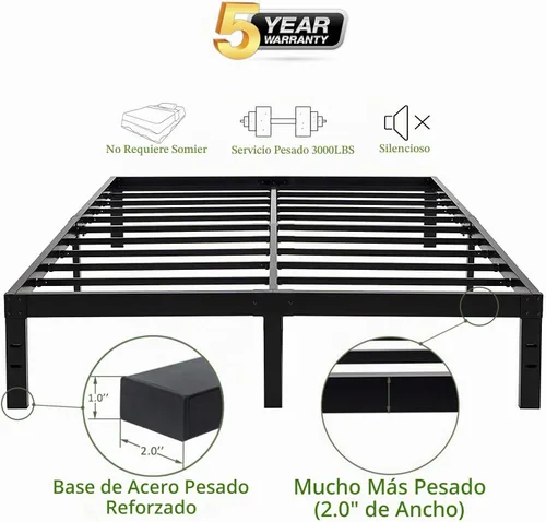 Vista 3 de 45MinST Marco de cama de plataforma de 14 pulgadas, base de colchón de fácil montaje, listones de acero resistente de 3000 libras, sin ruido,