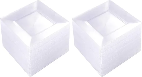 Vista 22 de Platos de postre de plástico plateado con tenedores de plástico, 100 platos cuadrados desechables para aperitivos, platos pequeños con borde Blanco