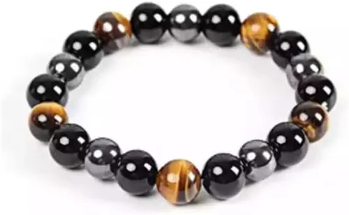 Vista 3 de InfinityAK - Pulsera elástica con cuentas de hematita y ojo de tigre de obsidiana negra