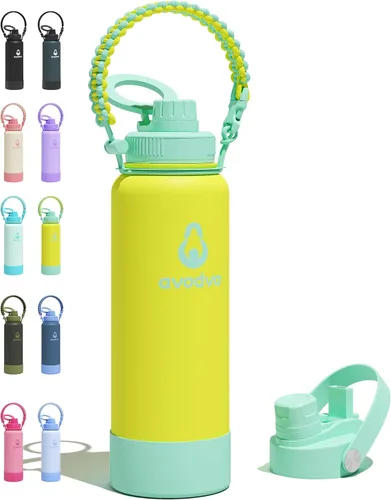 Vista 23 de Botella de agua aislada de 12 onzas con 2 tapas (tapa de popote y boquilla 2 en 1, tapa magnética), botella de agua para niños con correa, botella