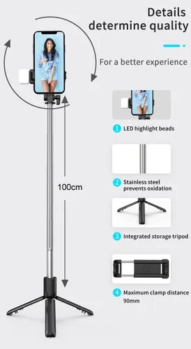 Vista 7 de Trípode selfie stick con luz de relleno, 40 pulgadas extensible y portátil estable trípode para selfie stick con control remoto inalámbrico Negro