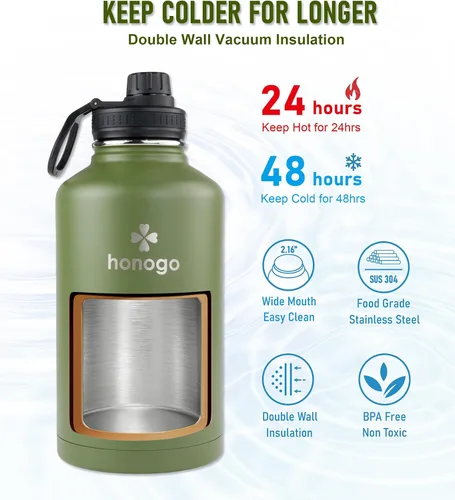 Vista 2 de Botella de agua aislada de 64 onzas con tapa de popote y tapa de boquilla, jarra de agua de medio galón de acero inoxidable con mango de paracord