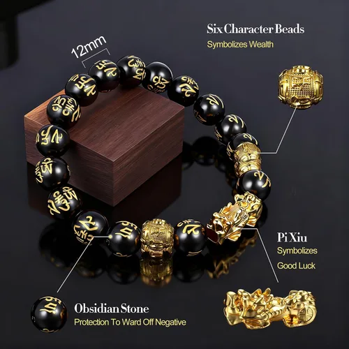 Vista 2 de JeryWe Pulseras de cuentas Feng Shui para hombres y mujeres, pulseras de buena suerte con dragón Pixiu, juego de pulseras estilo chino, joyería Feng