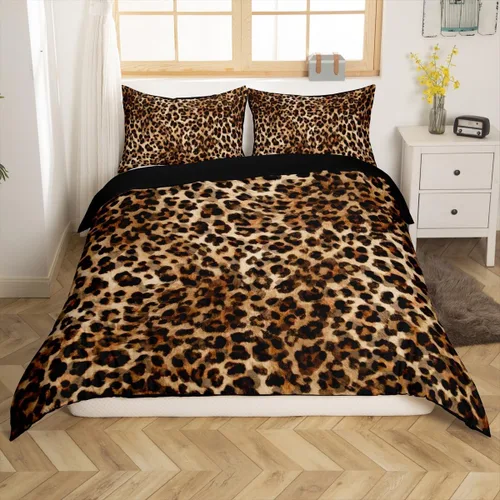 Vista 7 de Feelyou Juego de ropa de cama con estampado de leopardo para niños, tamaño individual, funda de edredón de guepardo safari, funda de edredón de piel