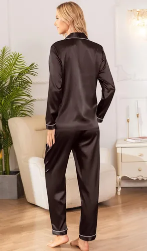 Vista 4 de Senert Pijama de satén para mujer, de manga larga, suave, con botones, de seda, con bolsillos