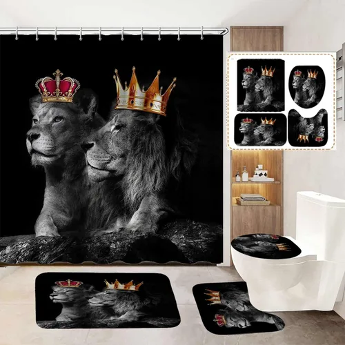Vista 14 de Juego de 4 cortinas de ducha de rey león negro, citas inspiradoras, palabras motivacionales positivas y educativas, decoración de baño de animales