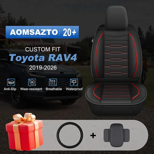 Vista 2 de AOMSAZTO RAV4 - Fundas de asiento delantero de cuero para Toyota RAV4 2019 2020 2021 2022 2023 2024 2025 LE, XLE, XLE Premium, Limited con Línea roja