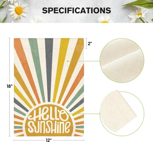 Vista 5 de AVOIN colorlife Bandera de jardín clásica de Hello Sunshine de 12 x 18 pulgadas, doble cara exterior, fiesta de verano, vacaciones, arpillera