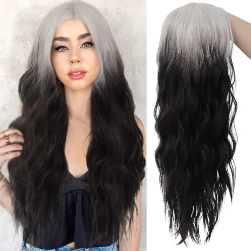 Vista 18 de Kaneles Peluca rizada de color rojo degradado, pelucas de cabello largo ondulado para mujer, pelucas de fibra sintética negra y roja para fiesta