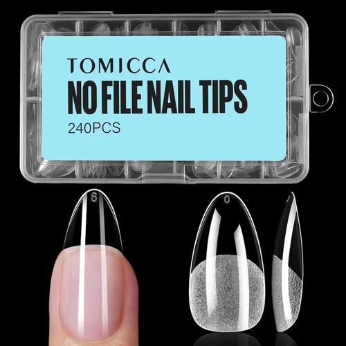 Vista 27 de TOMICCA Puntas de uñas de almendra extra cortas, 240 unidades, 15 tamaños, puntas de uñas de gel transparente preformadas, no necesita lima, uñas