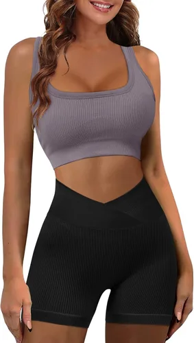 Vista 2 de JZC Conjuntos de entrenamiento para mujer, 2 piezas, acanalados, sin costuras, pantalones cortos de cintura alta, trajes de yoga