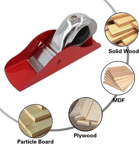 Vista 3 de Mini cepilladora de mano de 3-1/2 pulgadas ajustable roja, utilizada para procesamiento de manualidades de madera, proyectos de tallado y recorte