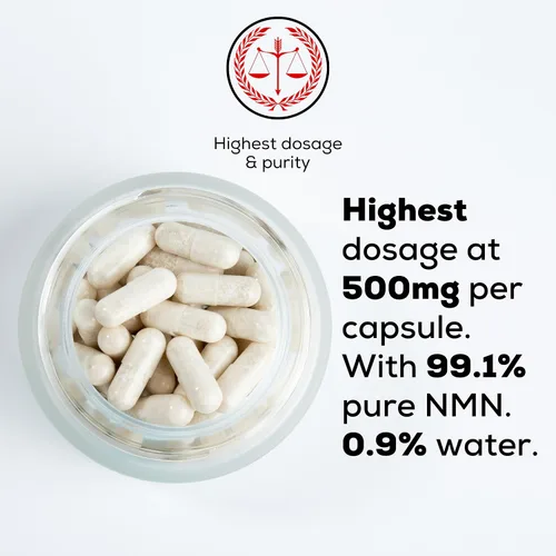 Vista 4 de Suplemento NMN NMN extraordinario de 500 mg por cápsula Soporte avanzado de NAD+ Vegano, fabricado en Alemania, probado en Suiza Promueve