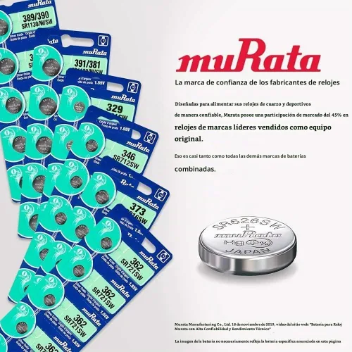 Vista 3 de Murata 377 SR626SW Batería 1.55V Celda de botón de reloj de óxido de plata - Sustituye a Sony 377 (2 baterías)