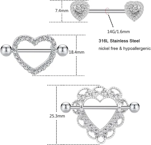 Vista 2 de BODY16G CZCZ 14G Nipple Ring 316L Stainless Steel Nipple Barbell Nipple Barbells CZ Nipple Ring Body Piercing Jewelry for Women Men