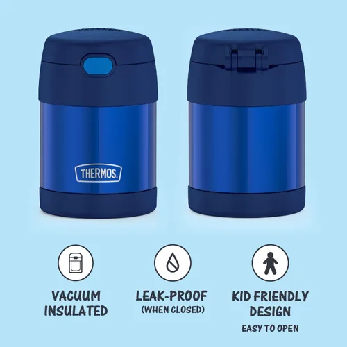 Vista 3 de THERMOS FUNTAINER - Tarro de comida para niños aislado al vacío de acero inoxidable de 10 onzas con cucharas plegables, azul marino y morado