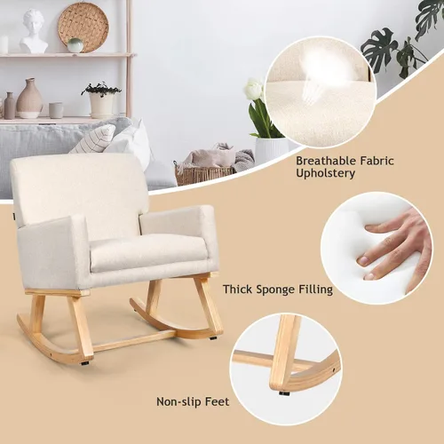 Vista 5 de S AFSTAR Mecedora, silla tapizada de tela con marco de madera resistente y asiento acolchado, sillón moderno para sala de estar (beige)