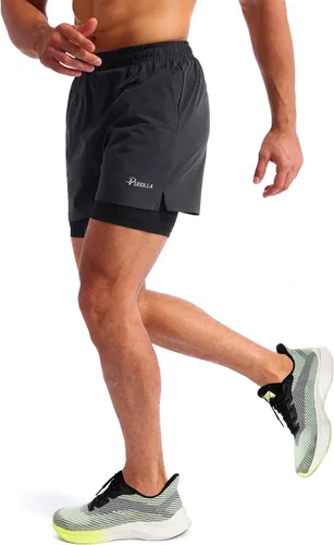 Vista 3 de Pudolla Mens 2 in 1 Running Shorts 5" Quick Dry Gym Athletic Workout Shorts for Men with Phone Pockets