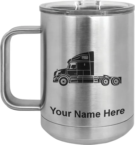 Vista 50 de LaserGram Taza de café aislada al vacío de 15 onzas, cabina de camión, grabado personalizado incluido (negro)