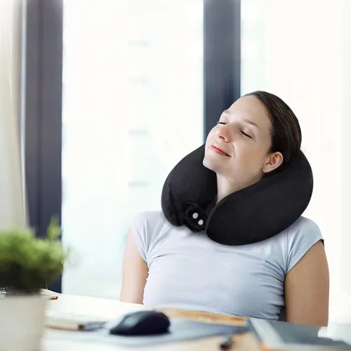 Vista 7 de Almohada de cuello de espuma viscoelástica para el cuello de avión con funda de terciopelo, almohada suave de avión para dormir, almohada de viaje