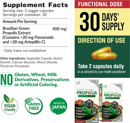 Vista 2 de LABO Nutrition Propóleos verdes brasileños Ultimate – Contiene > 7% o 28 mg por porción de Artepillina C y >5% de flavonoides, para apoyo