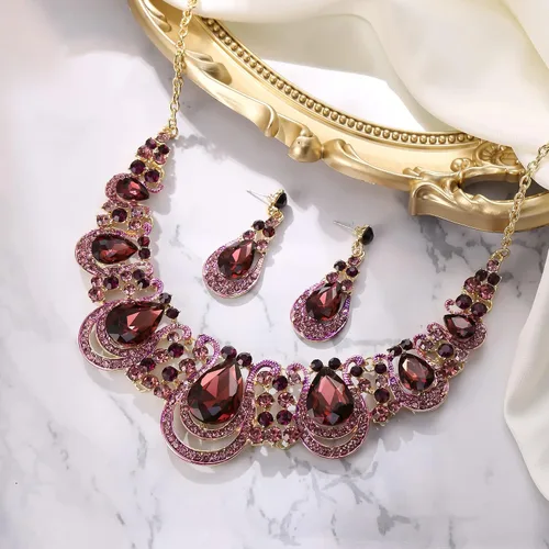 Vista 3 de BriLove Women's Costume Fashion Crystal Teardrop Hollow Scroll Statement Necklace Dangle Earrings Set