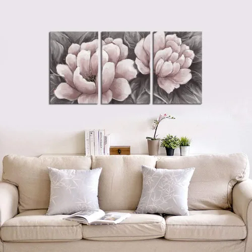 Vista 2 de Biuteawal Lienzo de flores para pared, arte abstracto de color rosa y gris, elegante pintura floral, imágenes de naturaleza muerta para el hogar