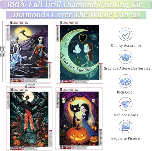 Vista 4 de GemZono Paquete de 4 kits de pintura de diamantes para adultos, bricolaje 5D de Halloween, pintura de diamante con diamantes redondos, kit