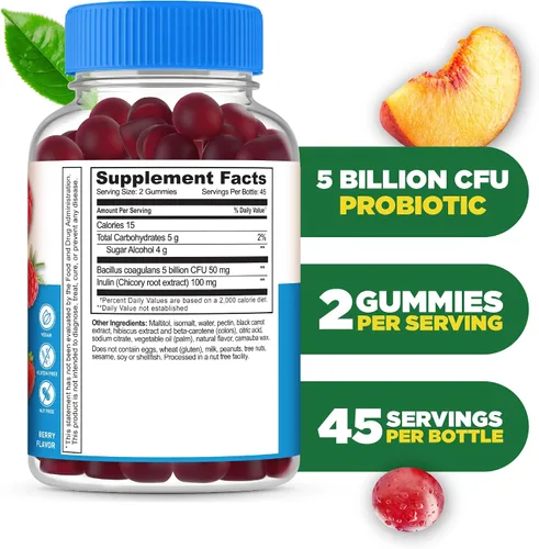 Vista 2 de Lifeable Probióticos sin azúcar con fibra prebiótica, suplemento de gomitas de sabor natural de gran sabor, masticable apto para dieta cetogénica