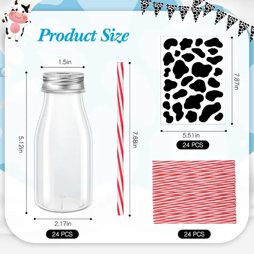 Vista 3 de SiliFine Juego de 24 botellas de leche de plástico de 7 onzas con pajitas, tapas de metal plateado, calcomanías de leche con estampado de vaca