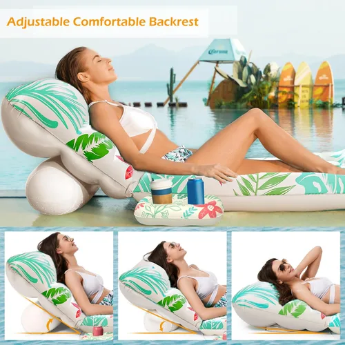 Vista 2 de Jasonwell Inflatable Pool Float Adult - Pool Floaties Lounger Floats Floating Chair Raft with Adjustable Backrest Cup Holders Water Floaty Lake Beige